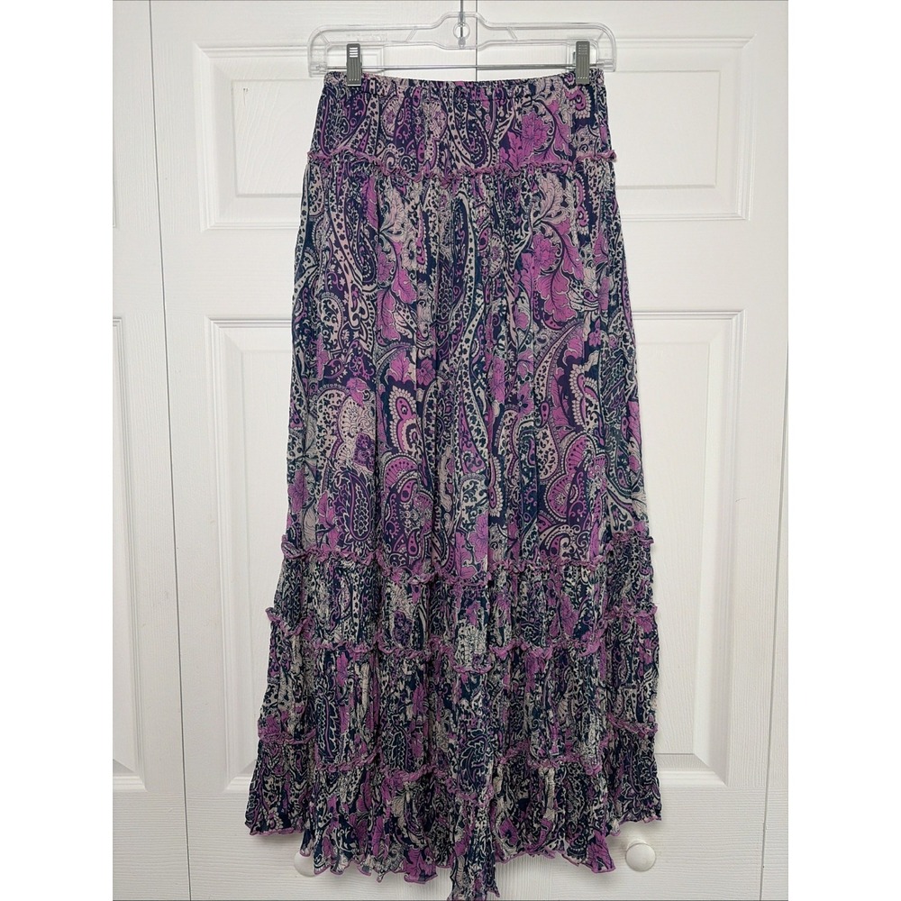 Anthropologie Paisley Tiered Maxi Skirt Womens Size XS Purple Boho Ruffle Lined